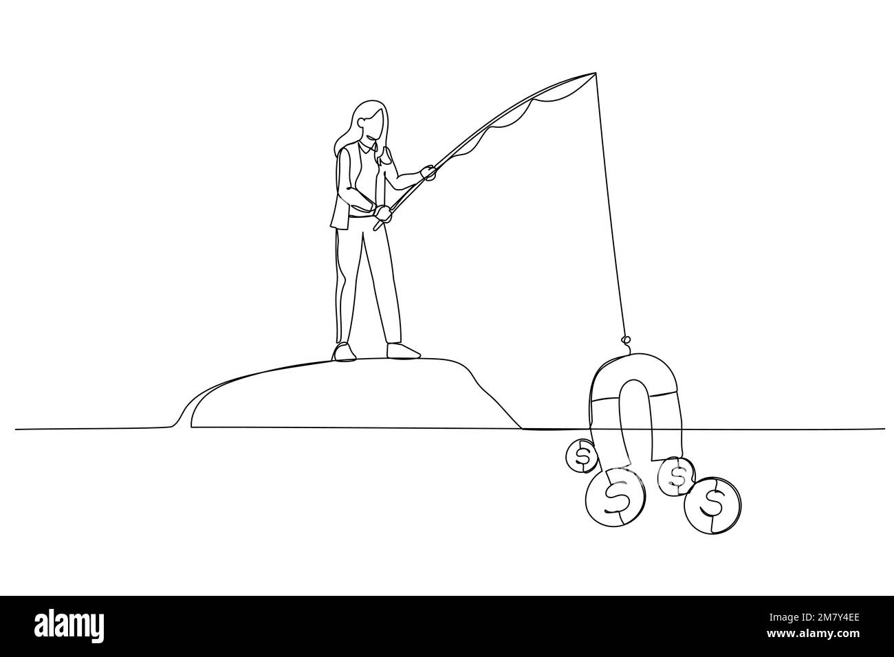 Cartoon einer Geschäftsfrau, die Geld mit einem großen Magneten angeln will. Einzeiliges Kunstdesign Stock Vektor