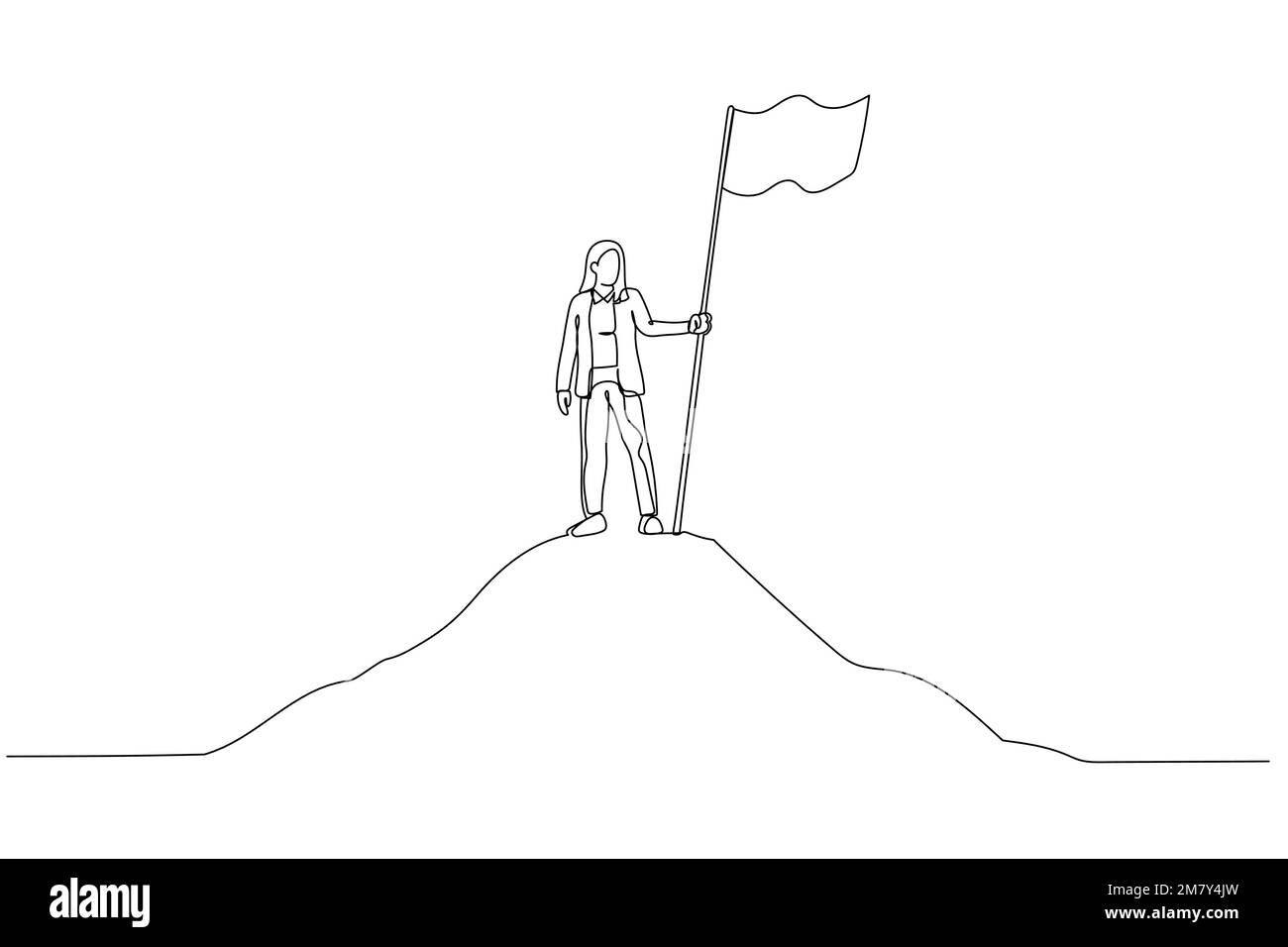 Illustration einer Geschäftsfrau mit Flagge auf dem Gipfel des Berges über dem Himmel Konzept des Geschäftserfolgs. Einteiliges Design mit durchgehender Strichzeichnung Stock Vektor