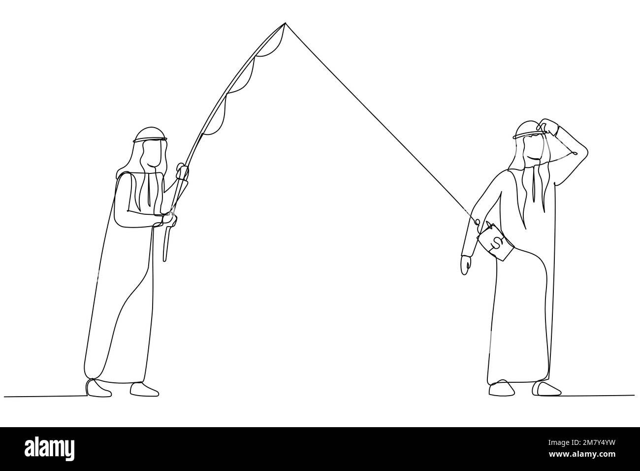 Cartoon eines arabischen Geschäftsmannes, der angeln will, ein anderes Portemonnaie-Konzept des Geschäftswettbewerbs. Einzeiliges Design im Art-Stil Stock Vektor