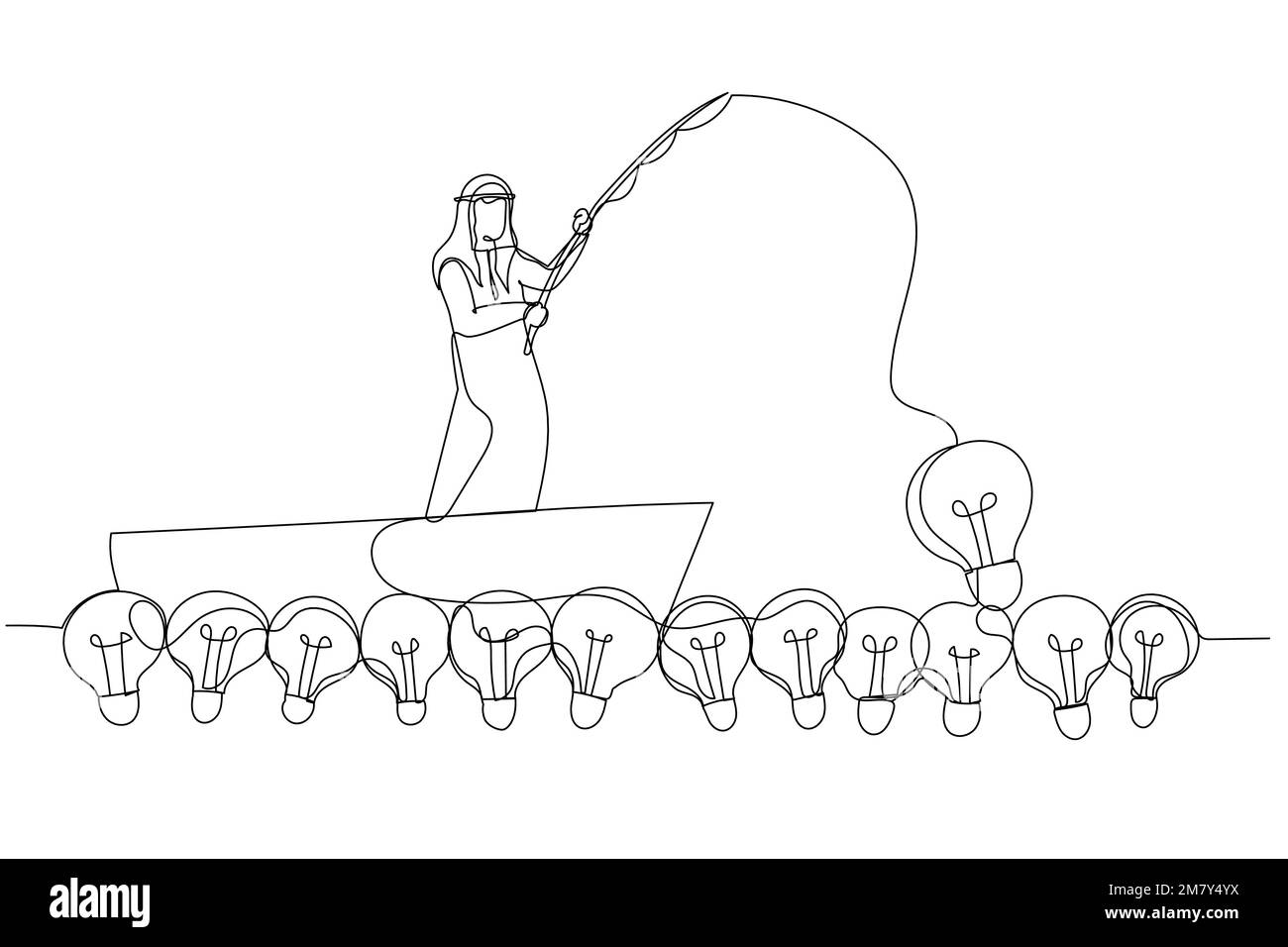 Zeichnung einer arabischen Geschäftsmann-Glühbirnen-Idee. Einzeiliges Kunstdesign Stock Vektor