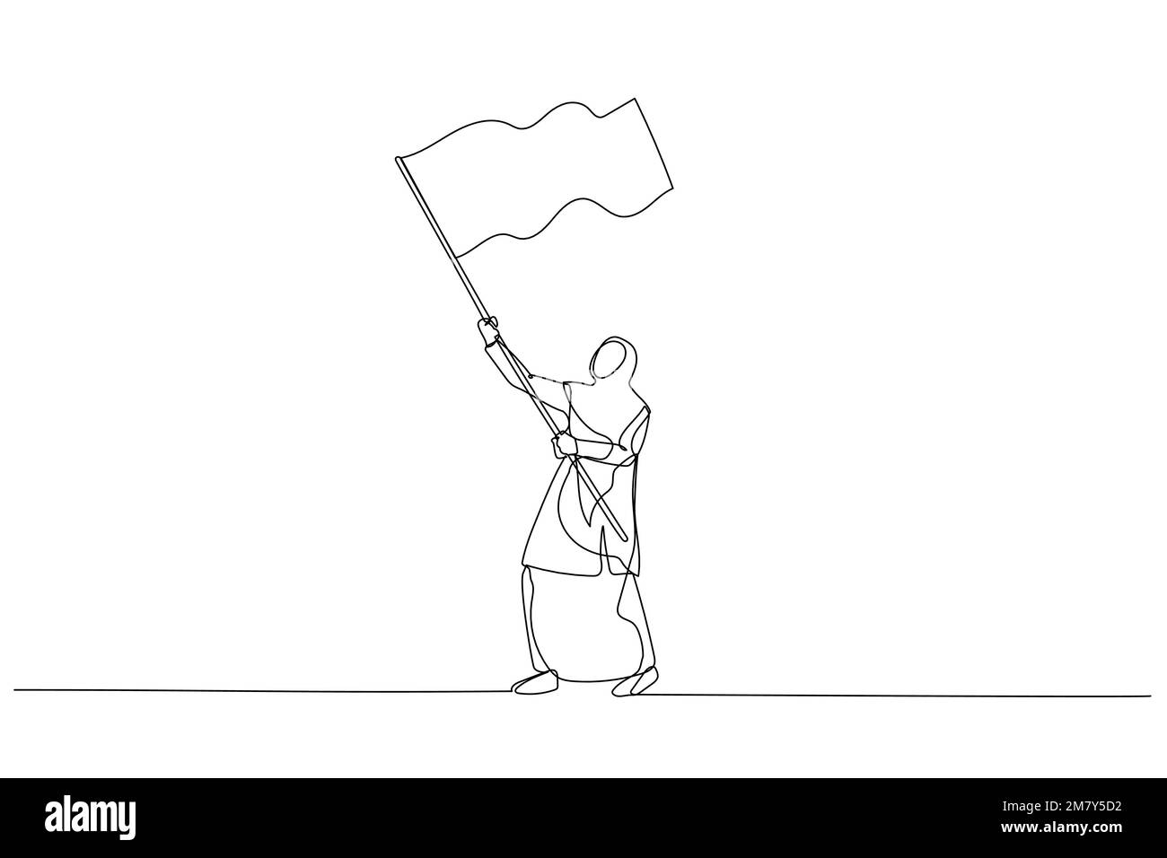 Zeichnung einer muslimischen Unternehmerin mit Flagge. Design im Strichkunststil Stock Vektor