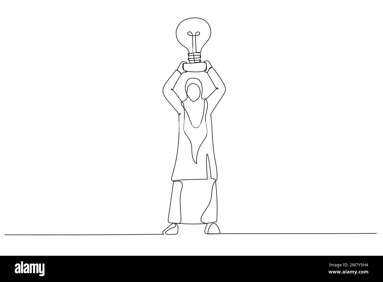 Eine Zeichnung von muslimischen Geschäftsfrauen nimmt einen Trophäenbecher, der wie eine Glühbirne auf dem Sockel aussieht. Einteiliges Design mit durchgehender Strichzeichnung Stock Vektor
