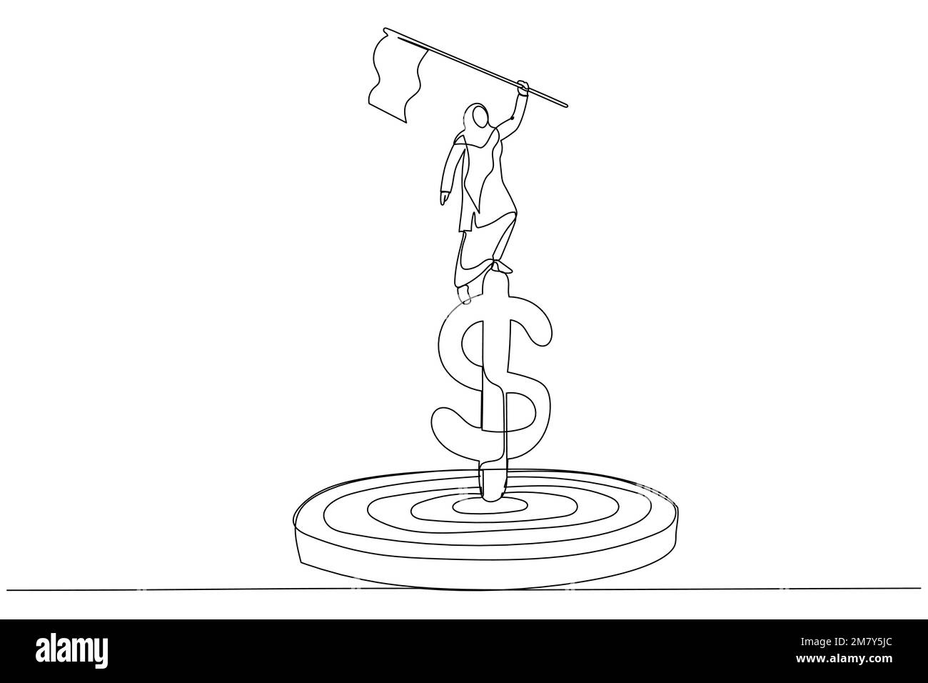 Cartoon einer muslimischen Geschäftsfrau, die die Gewinnerflagge über dem Dollar-Geld-Zielkonzept des finanziellen Ziels hält. Einzeiliges Design im Art-Stil Stock Vektor