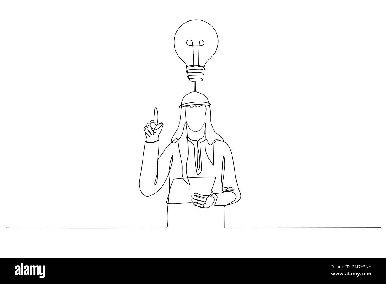 Die Illustration eines erstaunlichen arabischen Geschäftsmanns fand endlich eine Lösung, wie man Sport machen kann, nachdem man Stift und Notizbuch in den Händen gehalten hatte. Kontinuierliche Strichgrafiken Stock Vektor