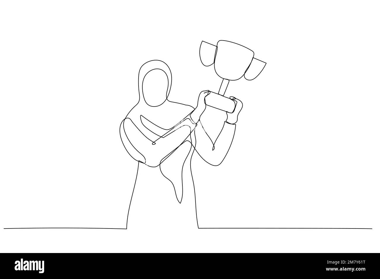 Illustration einer muslimischen Geschäftsfrau, die eine Trophäen-Metapher des Erfolgs aufzieht. Einzeiliges Design im Art-Stil Stock Vektor