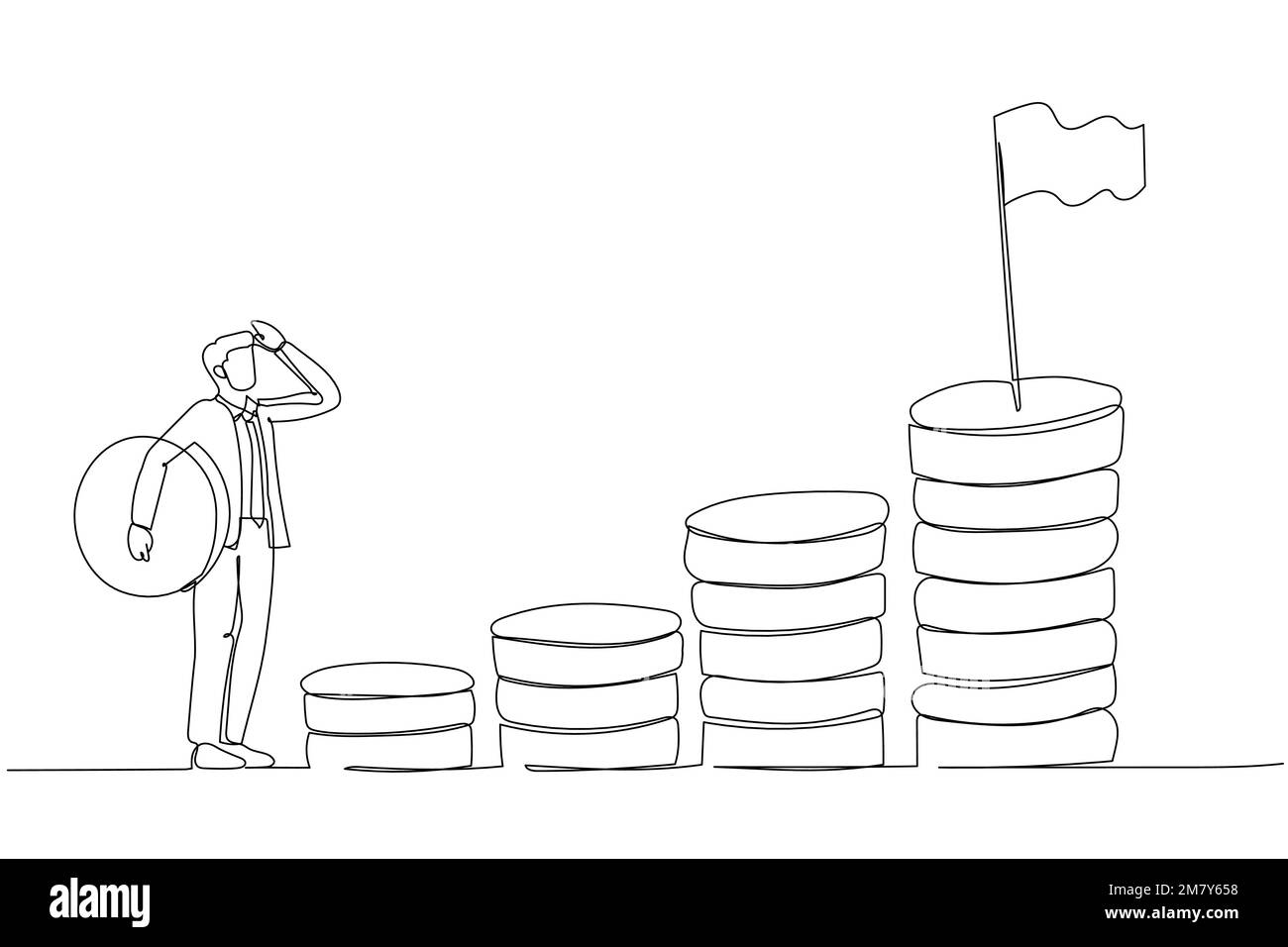 Zeichnung eines Geschäftsmannes, der Geld mit sich führt, Startschritt für das Geld, um zu investieren. Einzeiliges Design im Art-Stil Stock Vektor