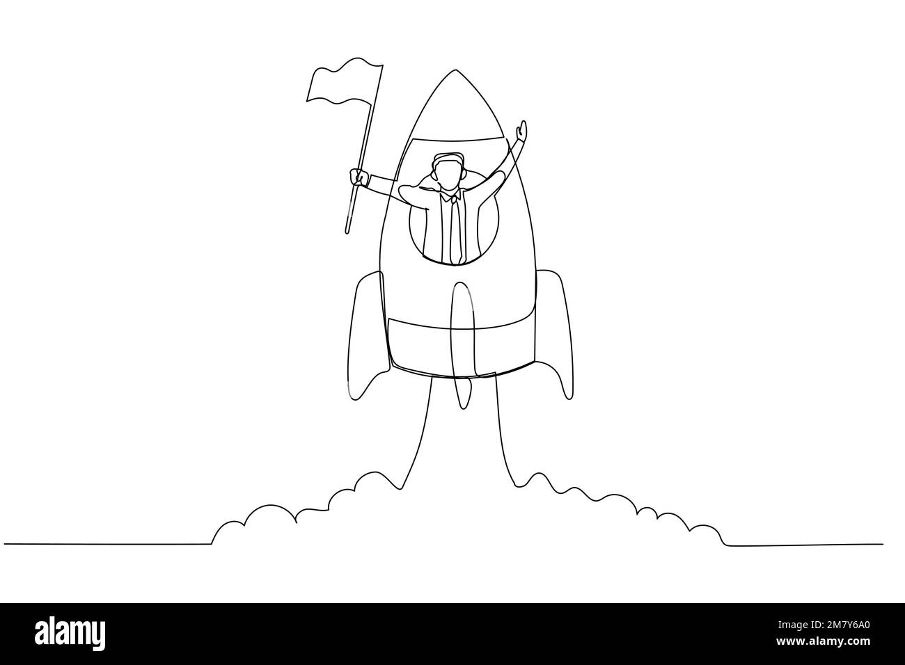 Cartoon eines Geschäftsmannes mit Flagge auf einem Raketenschiff. Einzeiliges Kunstdesign Stock Vektor