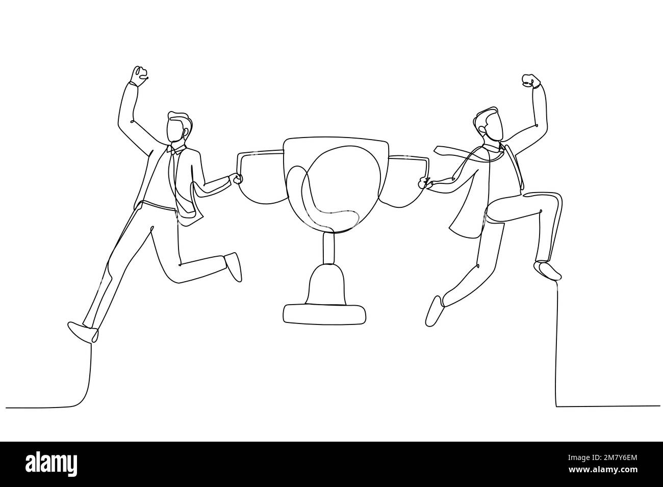 Zeichnung eines Geschäftspartners zur Feier des Siegessieges Trophäe Konzept des Teamerfolgs. Einzeiliges Design im Art-Stil Stock Vektor