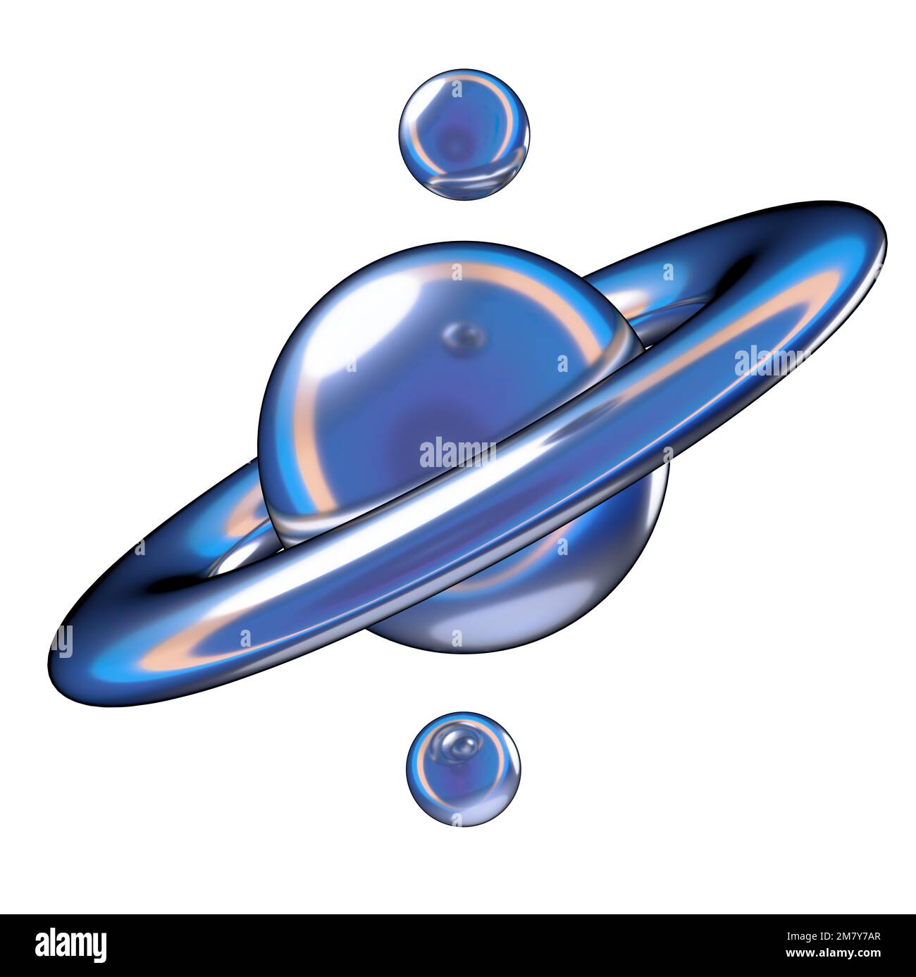 Blue Metallic Saturn – Modellartige zeitgenössische Kunstgeometrie Abstraktes, dramatisches, leidenschaftliches, luxuriöses und exklusives, isoliertes 3D-Rendering-Grafikdesign Stockfoto