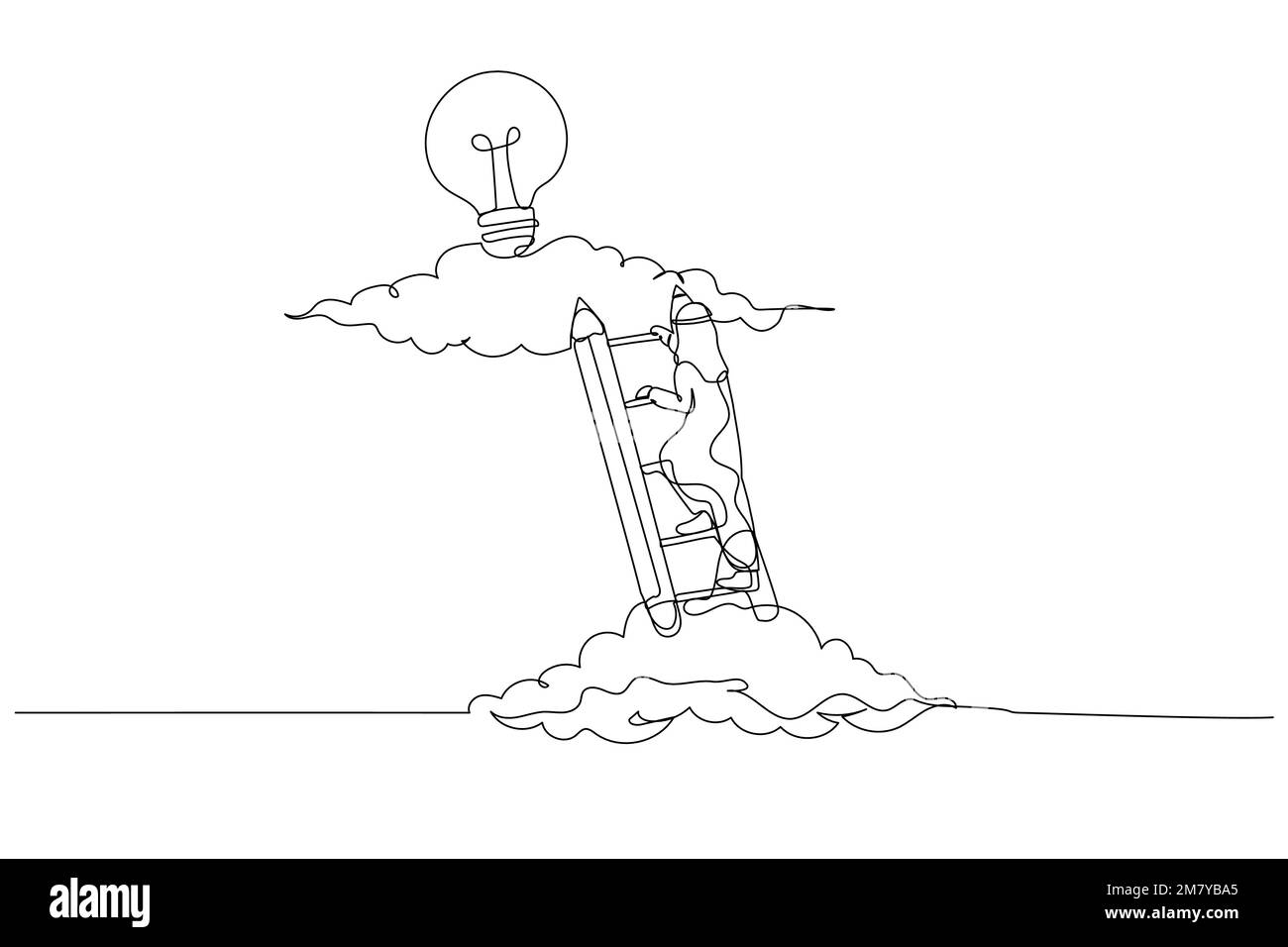 Cartoon einer Geschäftsfrau, die die Leiter in die obere Wolke hochklettert, um ein brillantes Konzept kreativer Inspiration zu finden. Einzeiliges Kunstdesign Stock Vektor