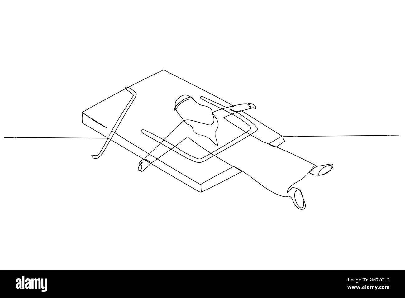 Die Zeichnung eines arabischen Mannes wurde in einer Mausefalle-Metapher der Geschäftsfalle gefangen. Einzeiliges Kunstdesign Stock Vektor