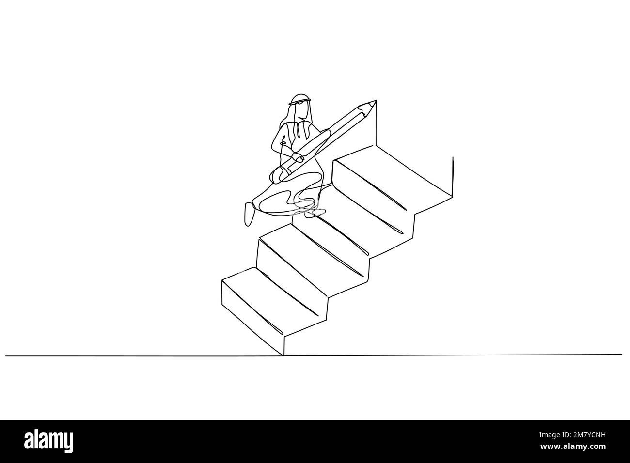 Zeichnen einer Geschäftsfrau mit Bleistift, um eine große Treppe zu zeichnen, um zum Erfolgskonzept des Ehrgeizes zu gelangen. Einzeiliges Kunstdesign Stock Vektor