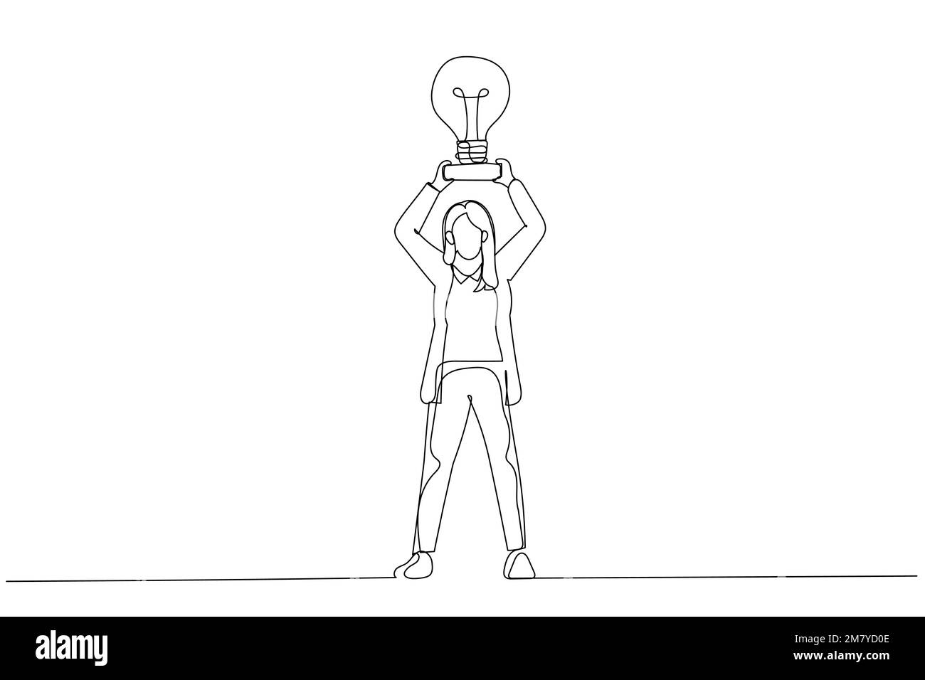 Abbildung: Hände einer Geschäftsfrau nehmen einen Trophäenbecher, der wie eine Glühbirne auf einem Sockel aussieht. Einzeiliges Kunstdesign Stock Vektor