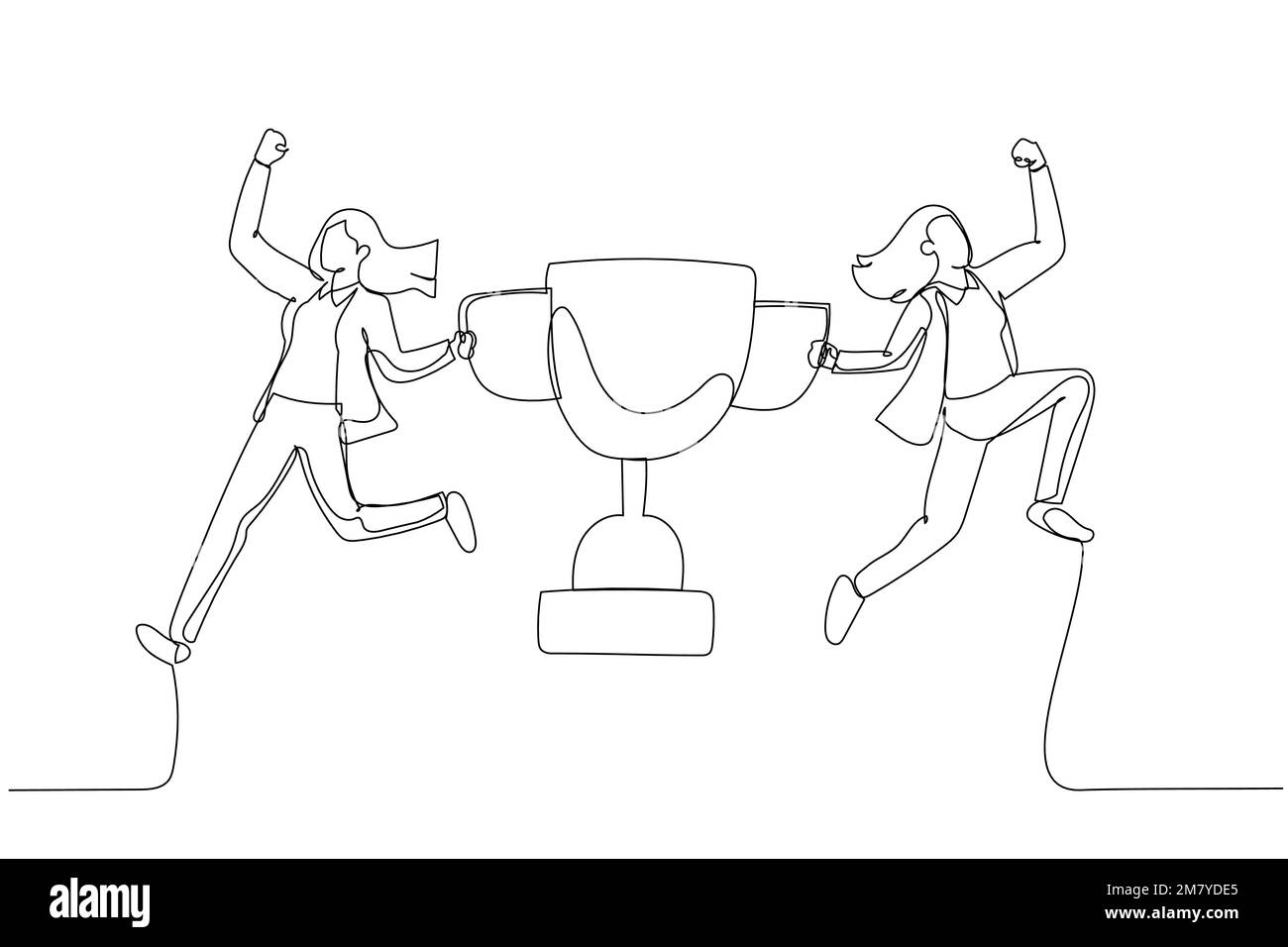 Illustration des Erfolgs der Trophäe „Sieg feiern“ als Partner einer Geschäftsfrau. Design im Kunststil mit einer durchgehenden Linie Stock Vektor