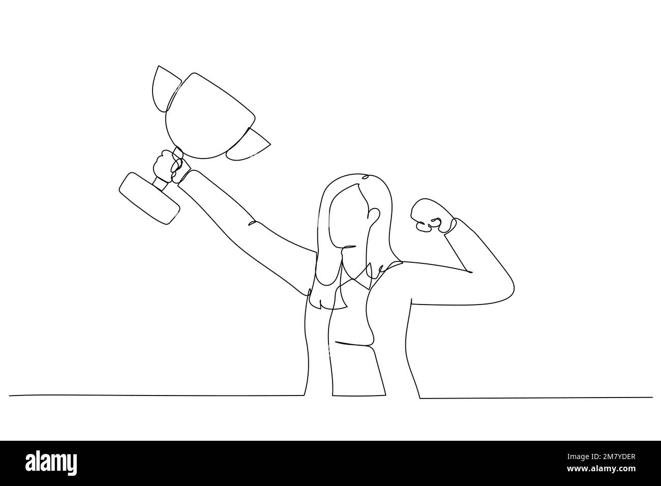 Der Cartoon der Geschäftsfrau gewinnt eine Trophäen-Metapher der besten Mitarbeiterin. Einzeiliges Kunstdesign Stock Vektor