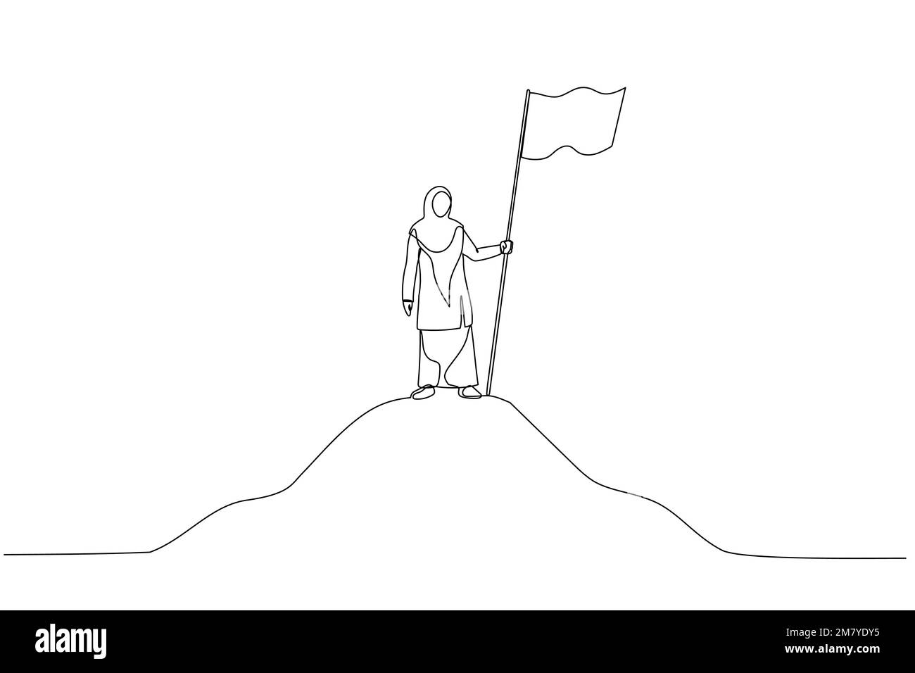 Illustration einer muslimischen Unternehmerin mit Flagge auf dem Berg über dem Himmel Konzept des Geschäftserfolgs. Einteiliges Design mit durchgehender Strichzeichnung Stock Vektor