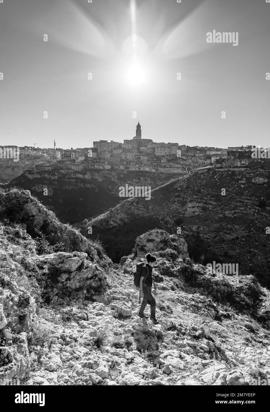 Matera (Basilicata) - das historische Zentrum der Steinstadt in Süditalien, eine Touristenattraktion für die berühmte Altstadt „Sassi“, Murgia und Gravina Canyon Stockfoto