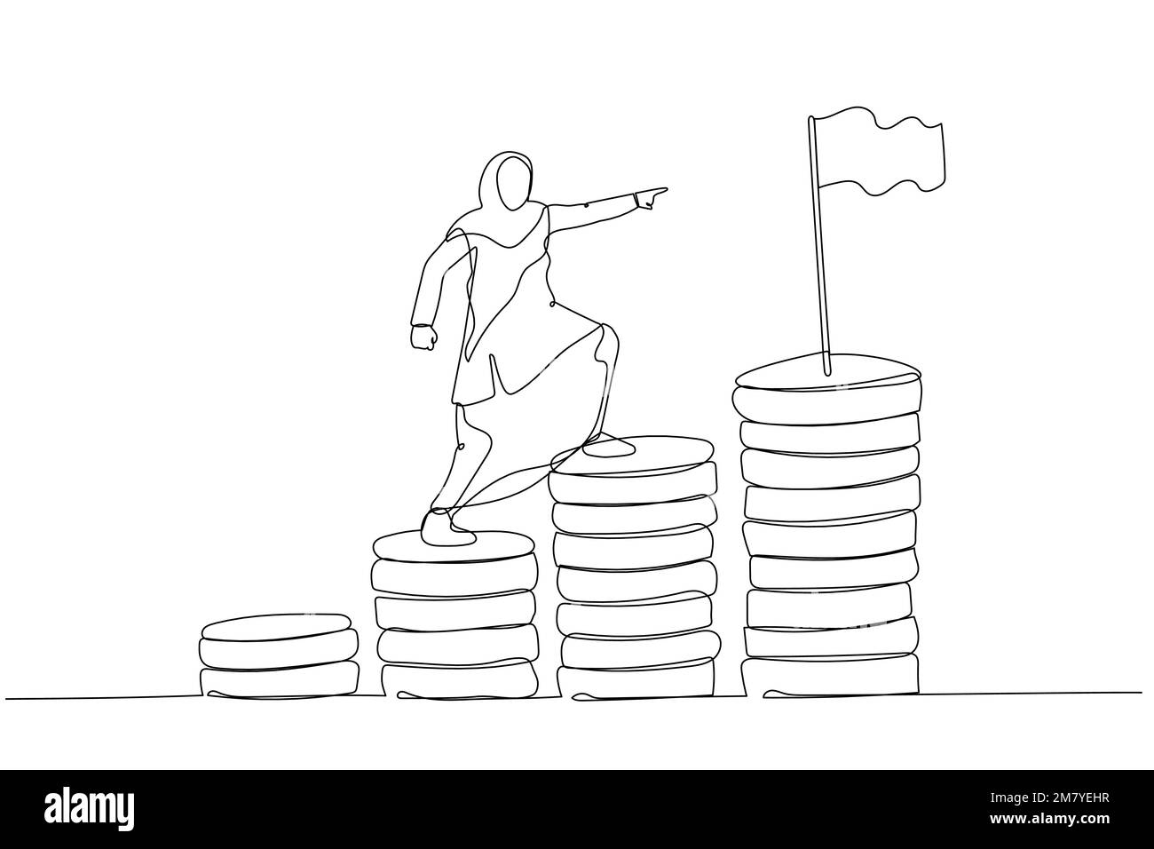 Cartoon mit muslimischer Unternehmerin, die Geld klettert, um das finanzielle Ziel zu erreichen. Einzeiliges Kunstdesign Stock Vektor