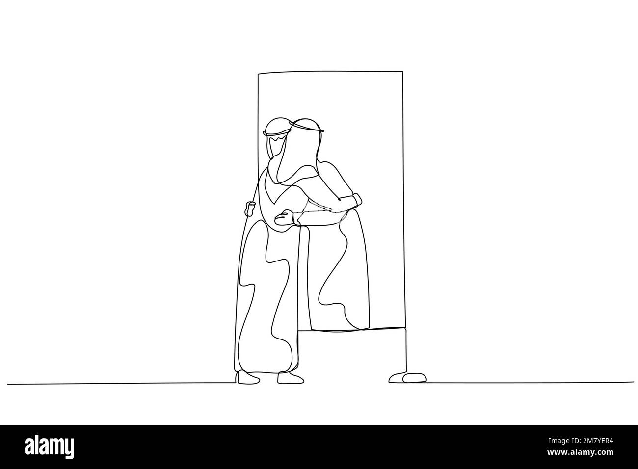 Illustration eines arabischen Mannes, der seine eigene Reflexion über das Spiegelkonzept der Selbstliebe umarmt. Einzeiliges Kunstdesign Stock Vektor