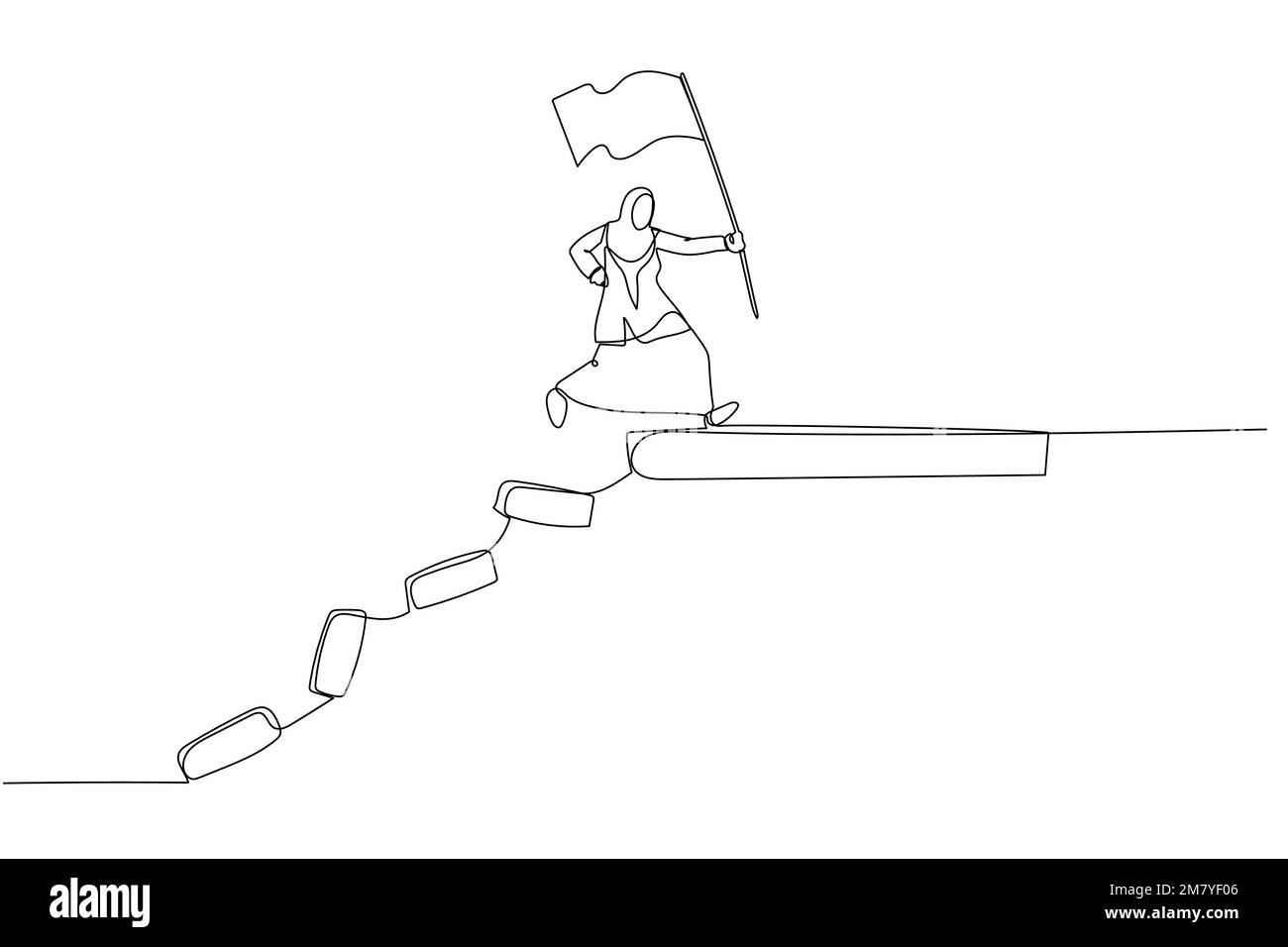 Zeichnung einer muslimischen Geschäftsfrau, die auf eine Kollapsbrücke springt, um das Zielkonzept des Überlebens zu erreichen. Einzeiliges Kunstdesign Stock Vektor