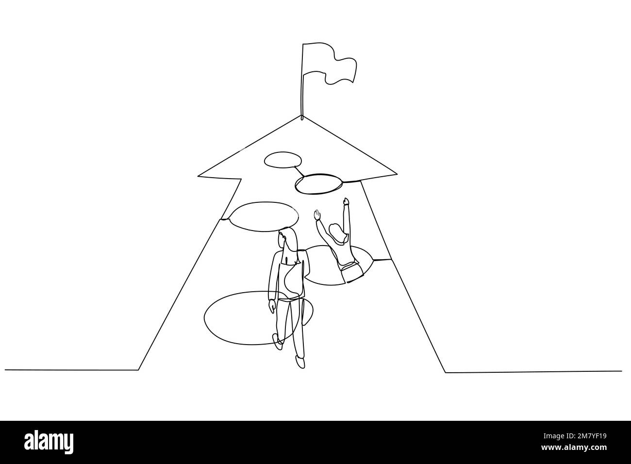 Illustration einer Geschäftsfrau, die zum Erfolg rast, aber eine Falle auf dem Weg ist. Einzeiliges Design im Art-Stil Stock Vektor