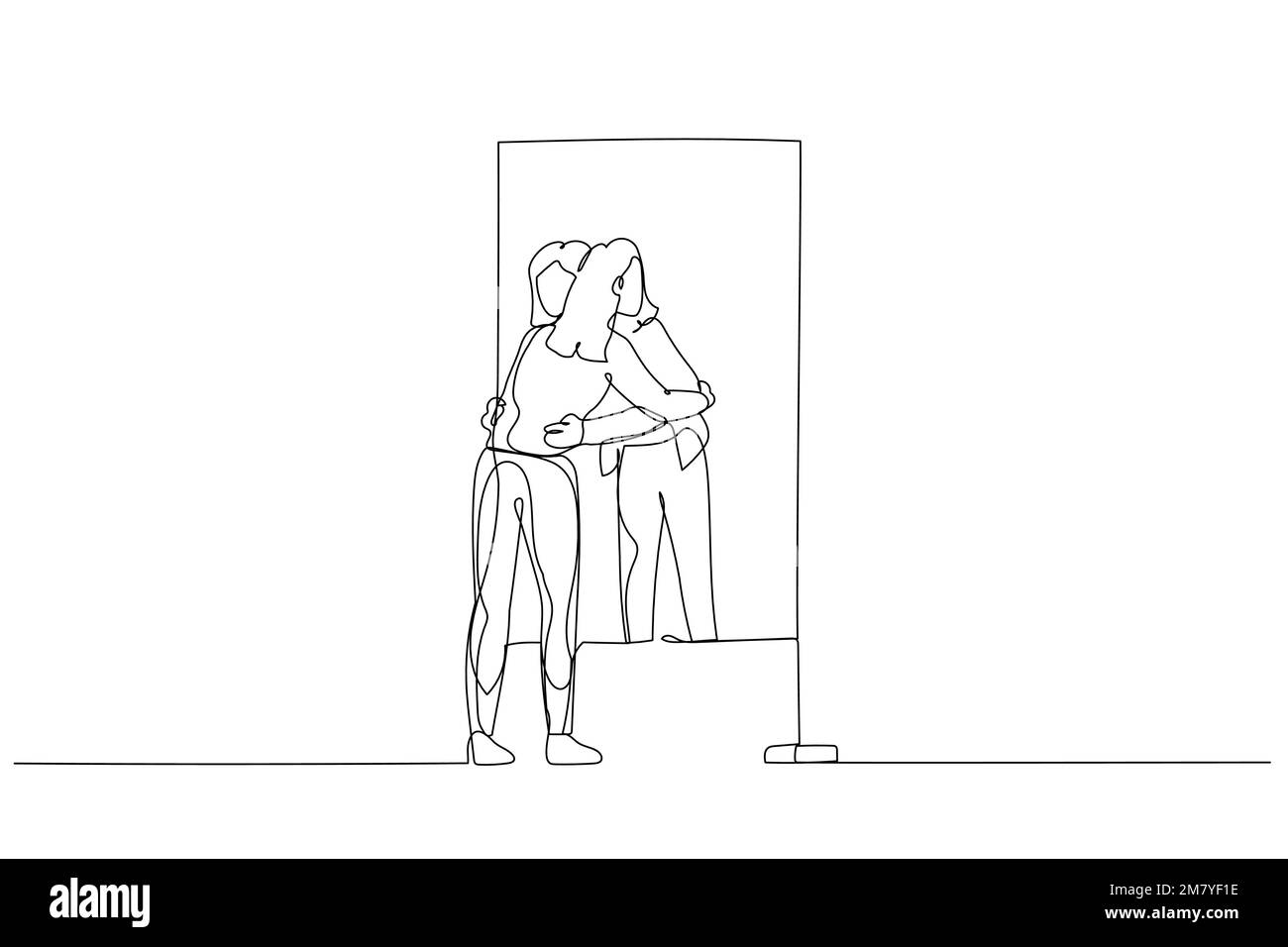 Cartoon einer Geschäftsfrau, die ihre eigene Reflexion über das Spiegelkonzept der Selbstliebe umarmt. Einzeiliges Kunstdesign Stock Vektor