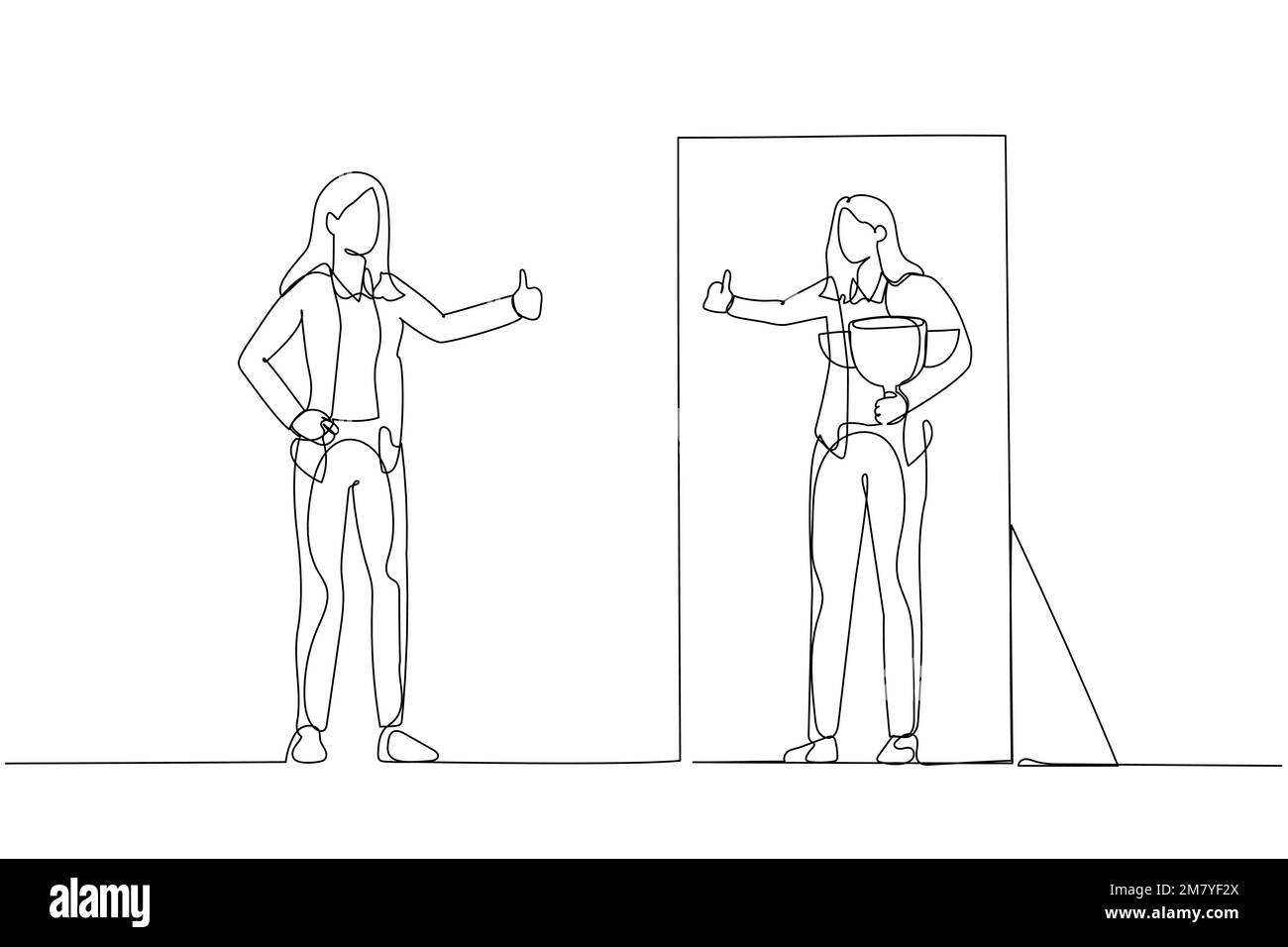 Cartoon einer Geschäftsfrau, die in das Spiegelbild schaut und das Daumen-hoch-Konzept der Selbstliebe gibt. Einteiliges Design mit durchgehender Strichzeichnung Stock Vektor