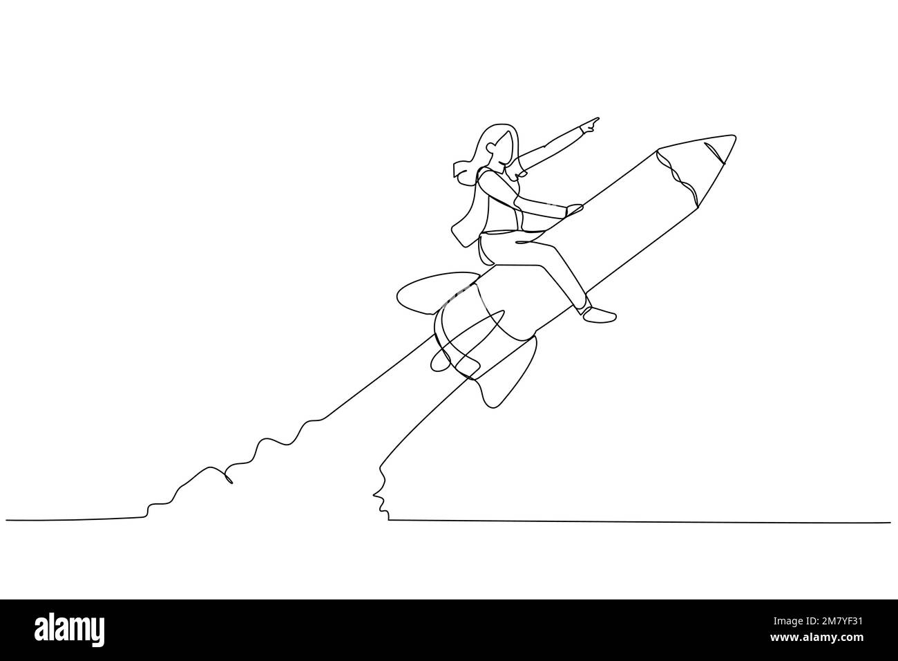 Zeichentrickfilm einer Geschäftsfrau, die auf einer Bleistiftrolle fliegt, Konzept der Bildung. Einteiliges Design mit durchgehender Strichzeichnung Stock Vektor