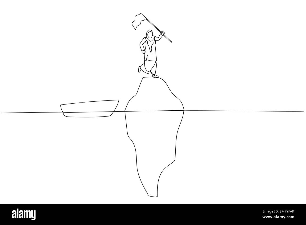 Zeichnung einer muslimischen Geschäftsfrau, die die Flagge auf dem Gipfel des Eisbergs hält, Konzept der Illusion. Design im Kunststil mit einer durchgehenden Linie Stock Vektor