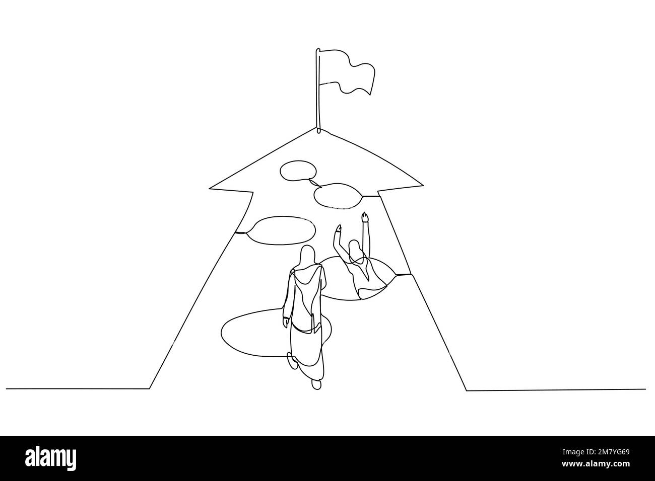 Illustration einer muslimischen Geschäftsfrau, die in den Erfolg stürzt, aber eine Falle ist auf dem Weg. Einzeiliges Design im Art-Stil Stock Vektor