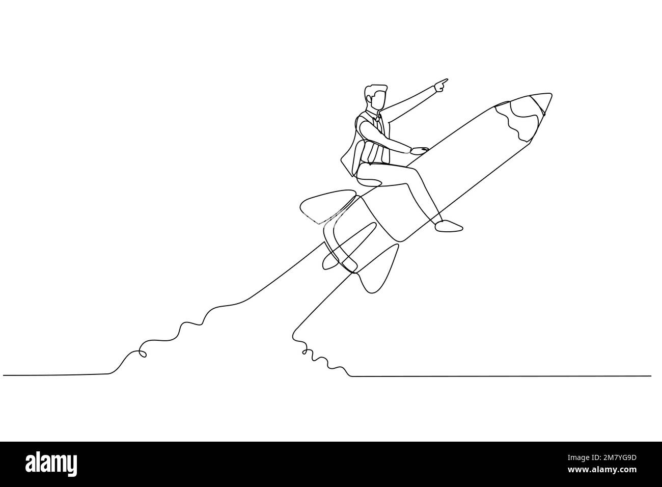 Zeichnung eines Geschäftsmannes auf einer Bleistiftrekete, die in den Himmel fliegt, Bildungskonzept. Design im Strichkunststil Stock Vektor