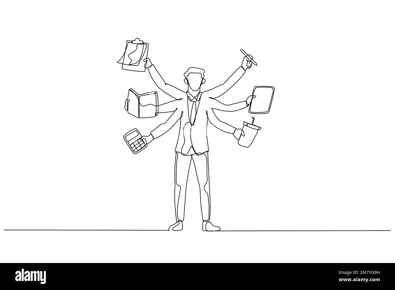 Zeichnung eines Geschäftsmannes mit mehrhändigem Multitasking-Konzept. Design im Strichkunststil Stock Vektor