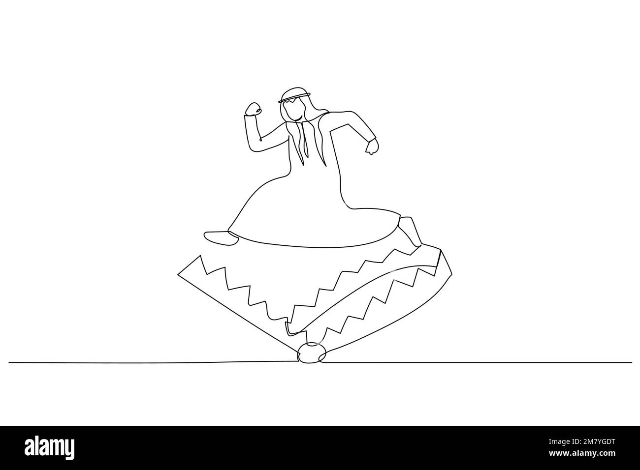 Cartoon eines arabischen Mannes, der über die Falle springt, Metapher des "vermeidet Betrug" -Geschäftsprojekts. Design für Strichkunst Stock Vektor