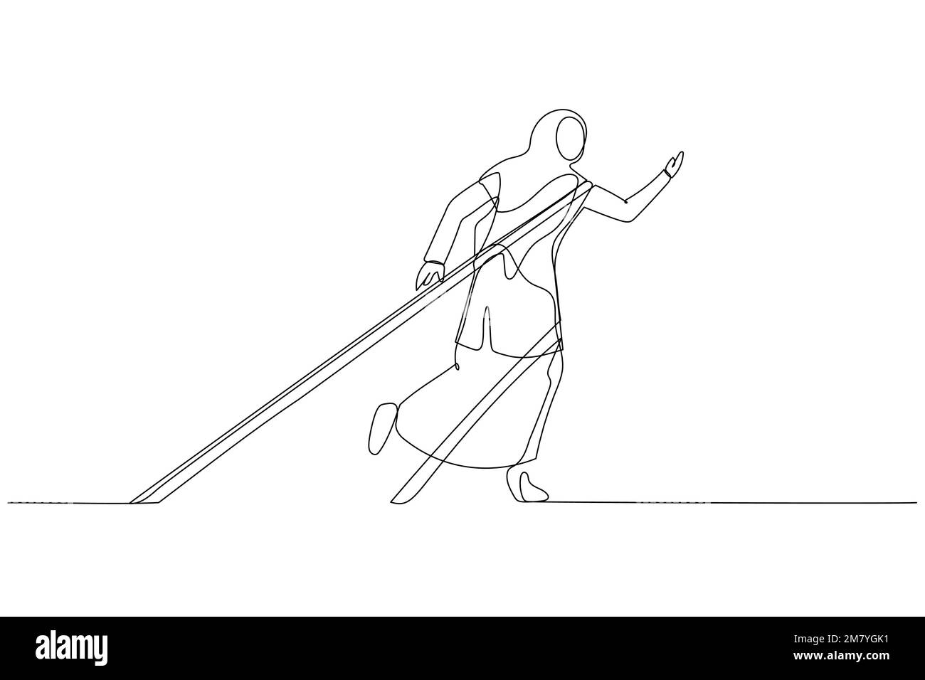 Der Cartoon einer muslimischen Geschäftsfrau, gefesselt mit einem Seil, versucht, dem Konzept der geschäftlichen Schwierigkeit zu entkommen. Einzeiliges Kunstdesign Stock Vektor