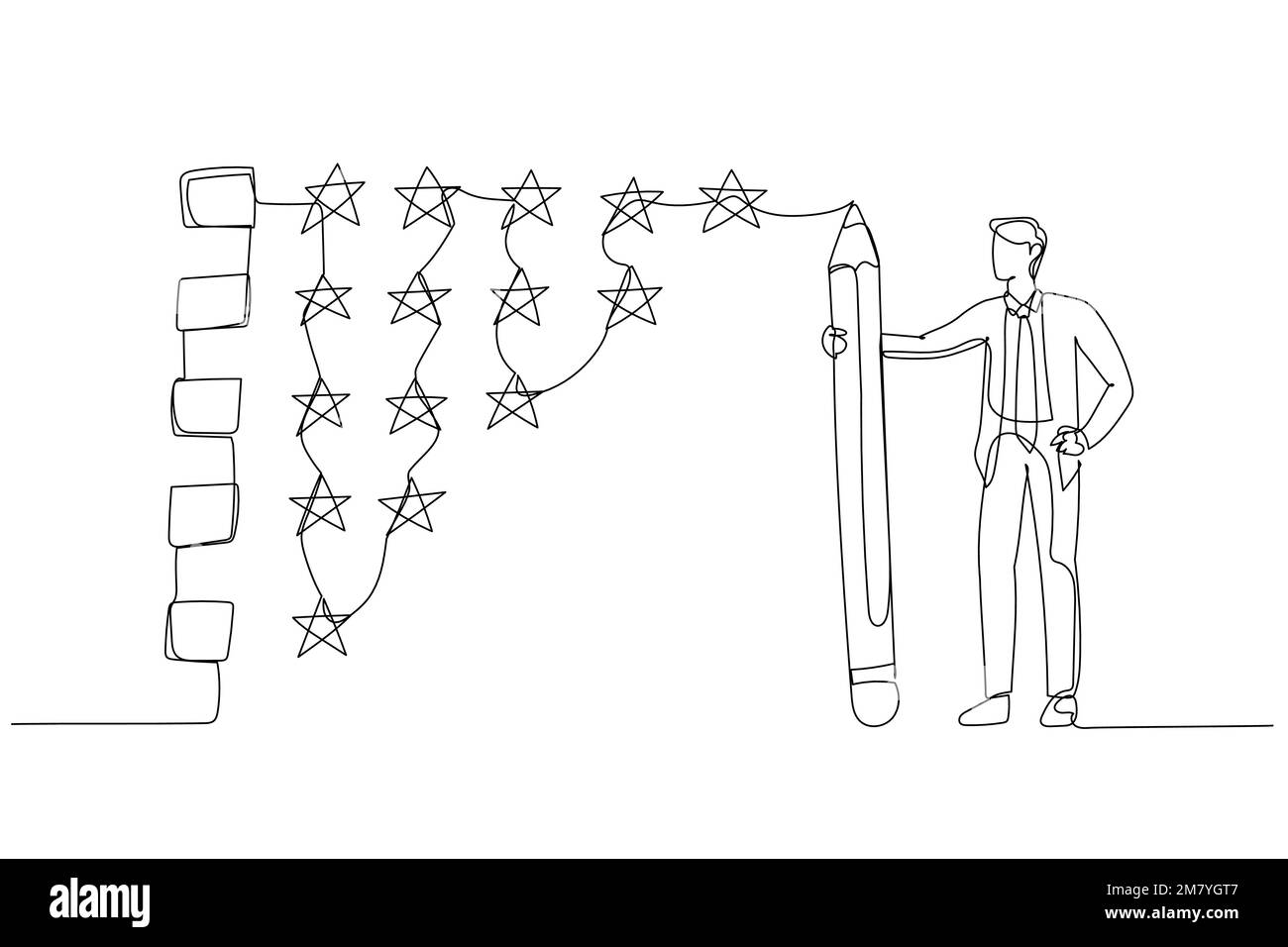 Zeichentrickfilm eines Geschäftsmannes, der Bleistift hält, um das STAR-Feedback-Konzept des Evaluierungsfeedback zu bewerten. Einzeiliges Kunstdesign Stock Vektor