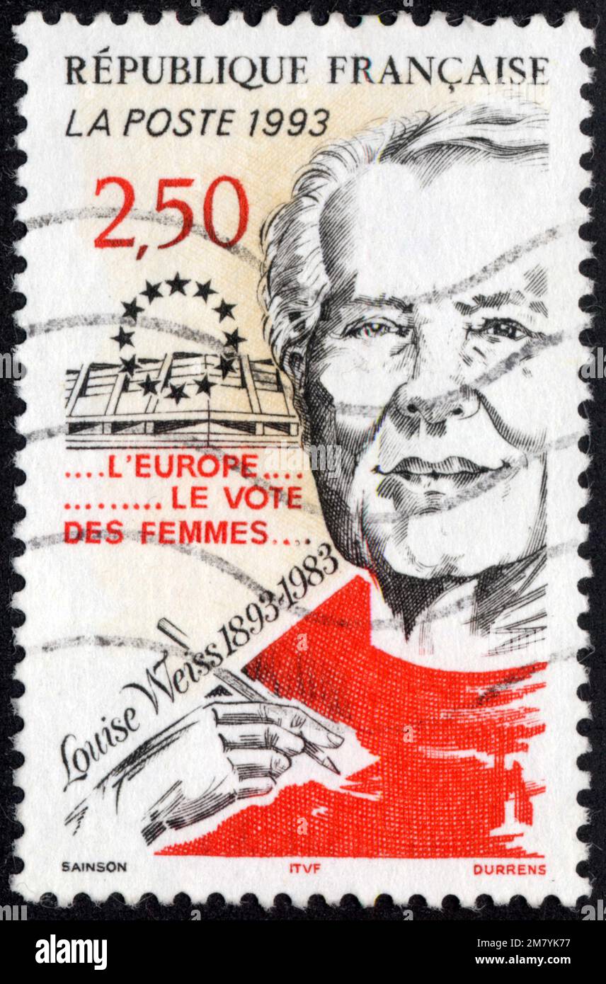 TIMBRE OBLITERES LOUISE WEISS 1893-1983. L'EUROPE. LE VOTE DES FEMMES. RÉPUBLIQUE FRANCAISE. LA POSTE 1993. 2,50 Stockfoto