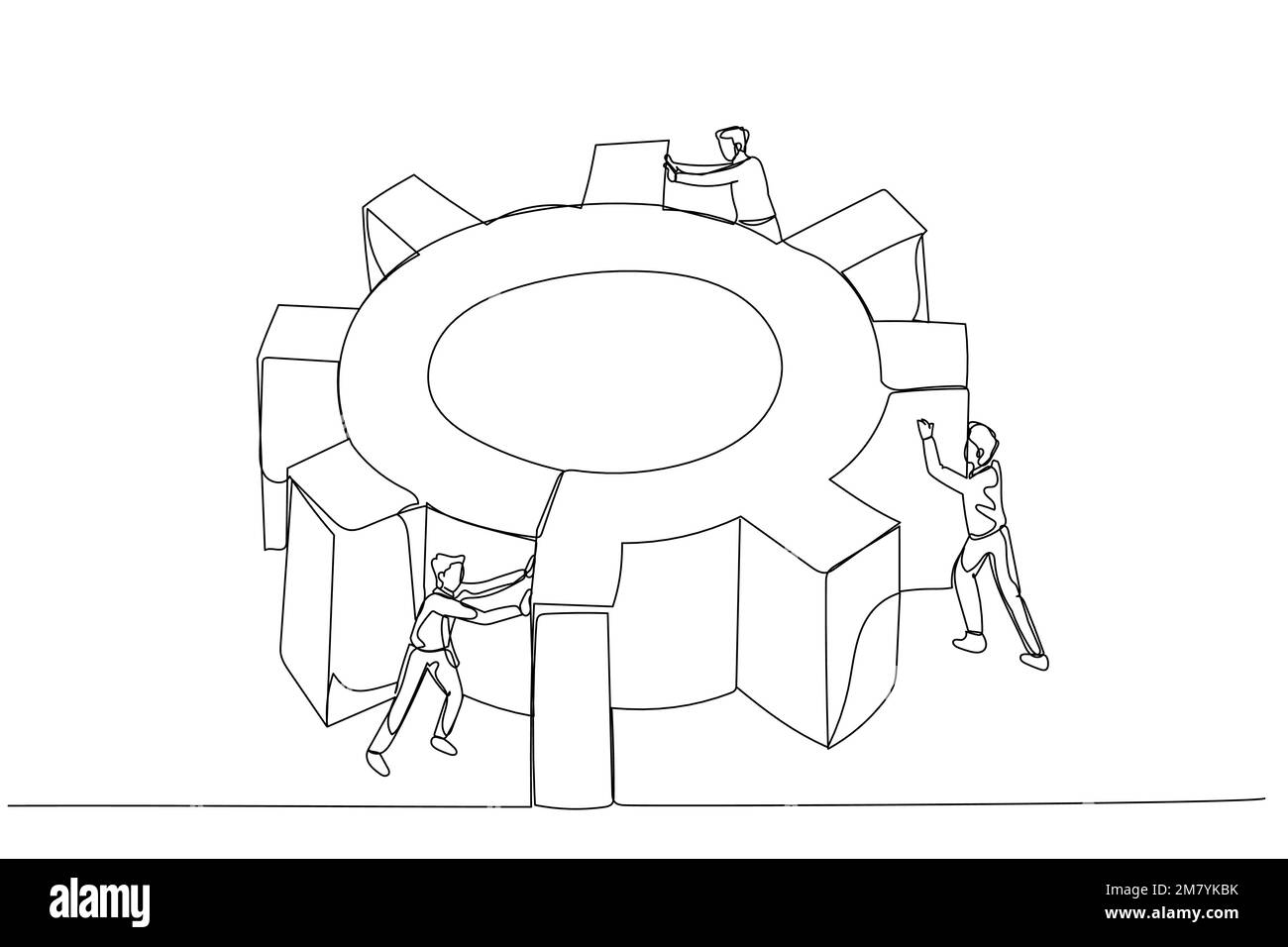 Cartoon eines Geschäftsmannes, der Zahnradausrüstung dreht, zusammen mit dem Teamkonzept eines harten Arbeitsteams. Einzeiliges Kunstdesign Stock Vektor