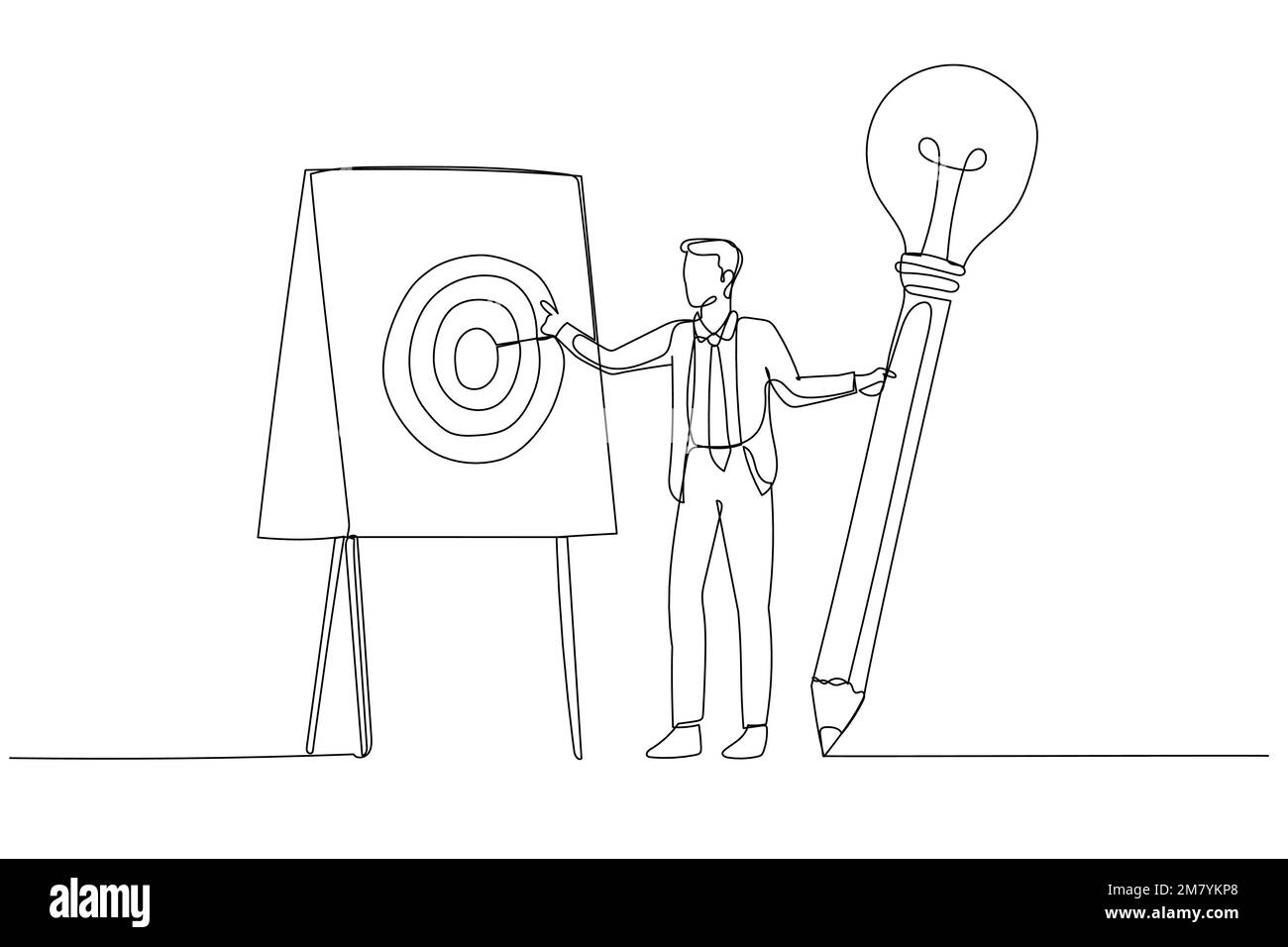 Darstellung eines Geschäftsmanns mit einem Glühbirnen-Ideenstift, der kurz davor steht, ein Strategiekonzept für einen Geschäftsplan zu schreiben. Einzeiliges Kunstdesign Stock Vektor
