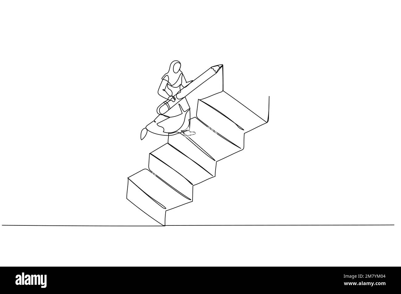 Zeichnung einer muslimischen Frau mit Bleistift, um eine große Treppe zu zeichnen, um zum Erfolgskonzept des Ehrgeizes zu gelangen. Einzeiliges Design im Art-Stil Stock Vektor