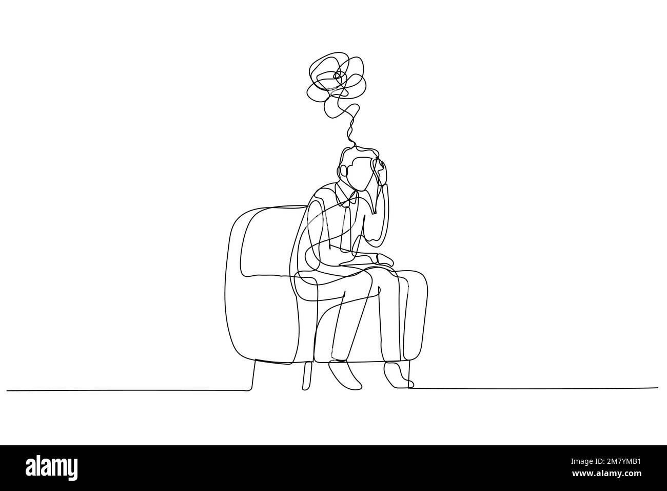 Illustration eines Geschäftsmannes, der wegen Insolvenz und Verlust depressiv und überdacht ist. Einzeiliges Kunstdesign Stock Vektor