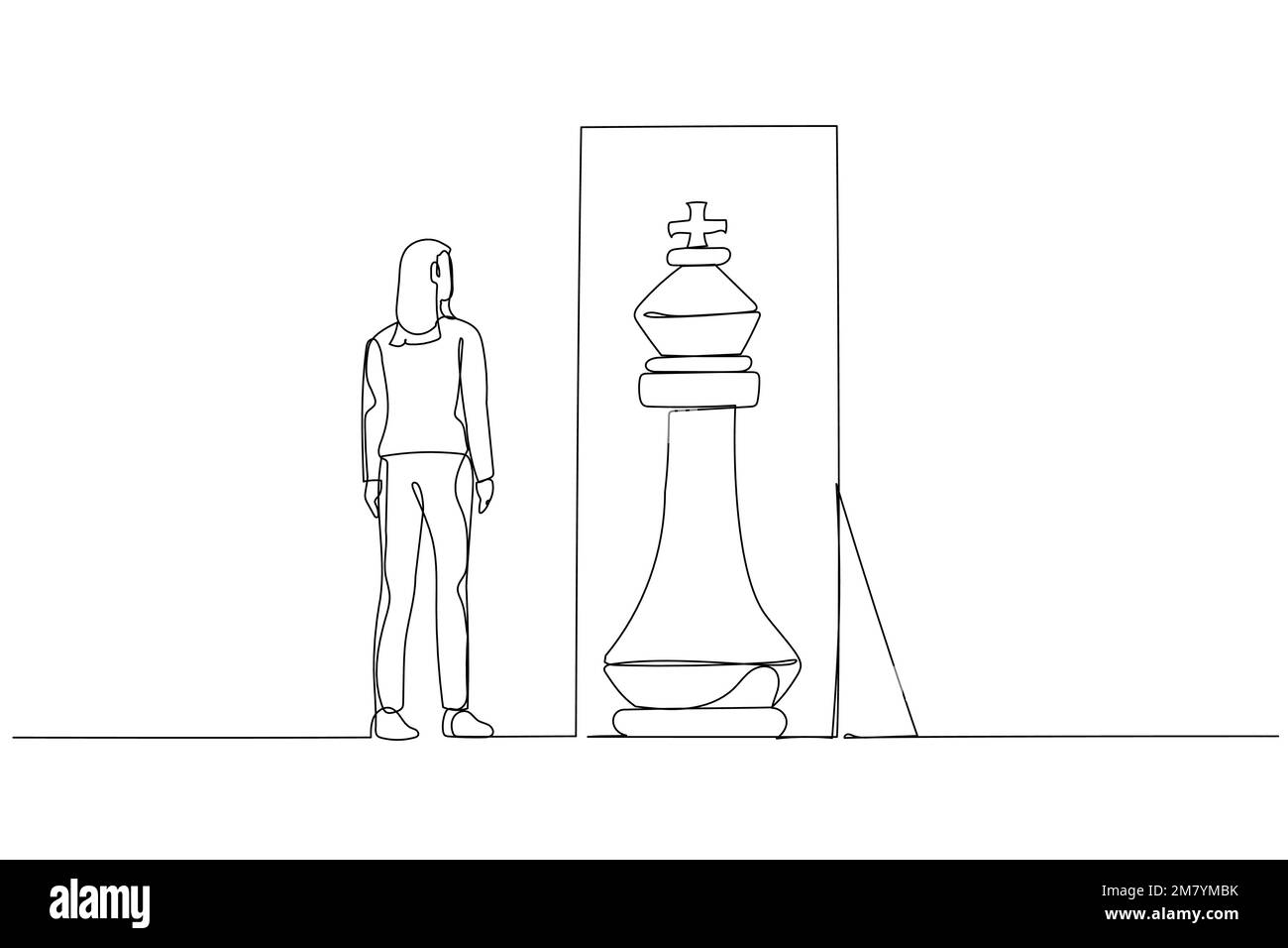 Zeichnung einer Geschäftsfrau, die vor dem Spiegel steht und Schachfiguren des inneren Königs sieht, Konzept einer positiven Einstellung. Einzeilige Endloslinie Art-Design-Design Stock Vektor