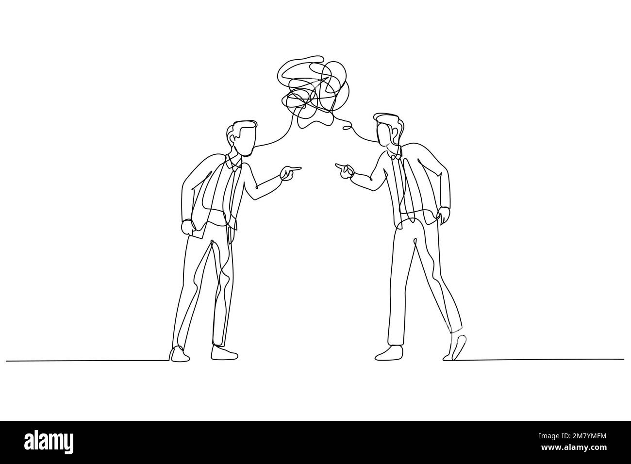 Karikatur von Geschäftsmann und Kollege, die streitende Konfliktkonzepte diskutieren. Design im Kunststil mit einer durchgehenden Linie Stock Vektor
