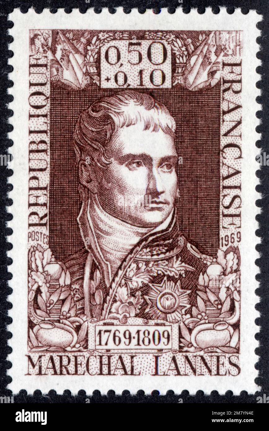TIMBRE NON BBLITERES MARÉCHAL LANNES 1769-1809. RÉPUBLIQUE FRANCAISE. POSTES 1969. 0,50+0,10 Stockfoto