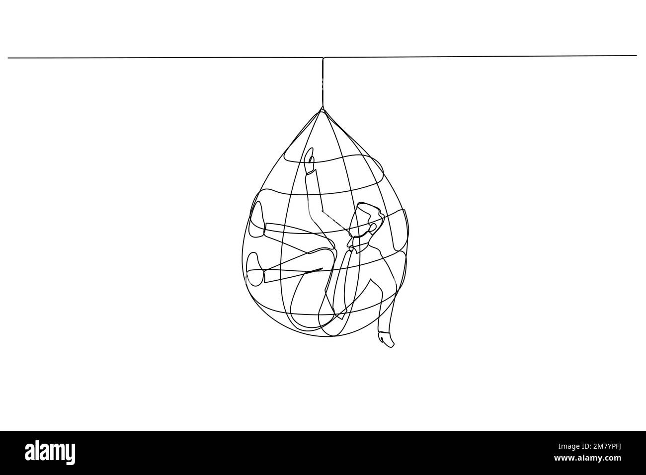 Illustration eines Geschäftsmanns, der sich in einer Metapher des Scheiterns verheddert, wird erfasst. Einzeiliges Kunstdesign Stock Vektor