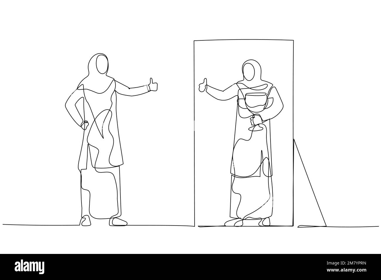 Cartoon der Frau trägt Hidschab, der in das Spiegelbild schaut und das Daumen-hoch-Konzept der Selbstliebe gibt. Einzeiliges Kunstdesign Stock Vektor