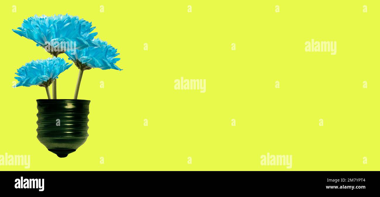 Elektrischer Lampensockel mit blauen Blumen im Inneren auf grünem Hintergrund mit Kopierbereich Stockfoto