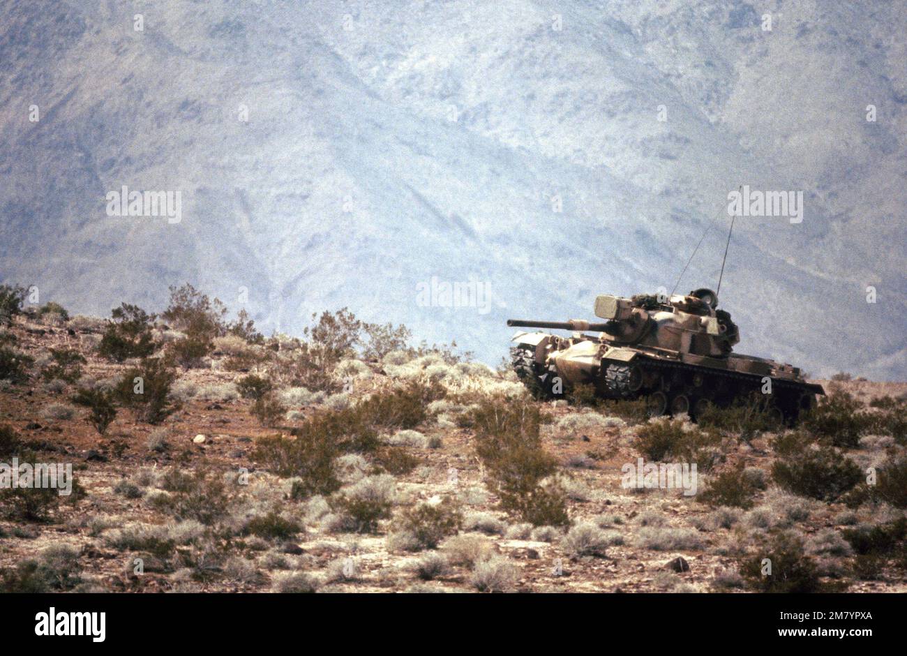 Ein M60A1-Tank befindet sich während der Übung GALLANT EAGLE '82 unter dem Hügelkamm. Betreff Operation/Serie: GALLANT EAGLE '82 Basis: Fort Irwin Bundesstaat: Kalifornien (CA) Land: Vereinigte Staaten von Amerika (USA) Stockfoto