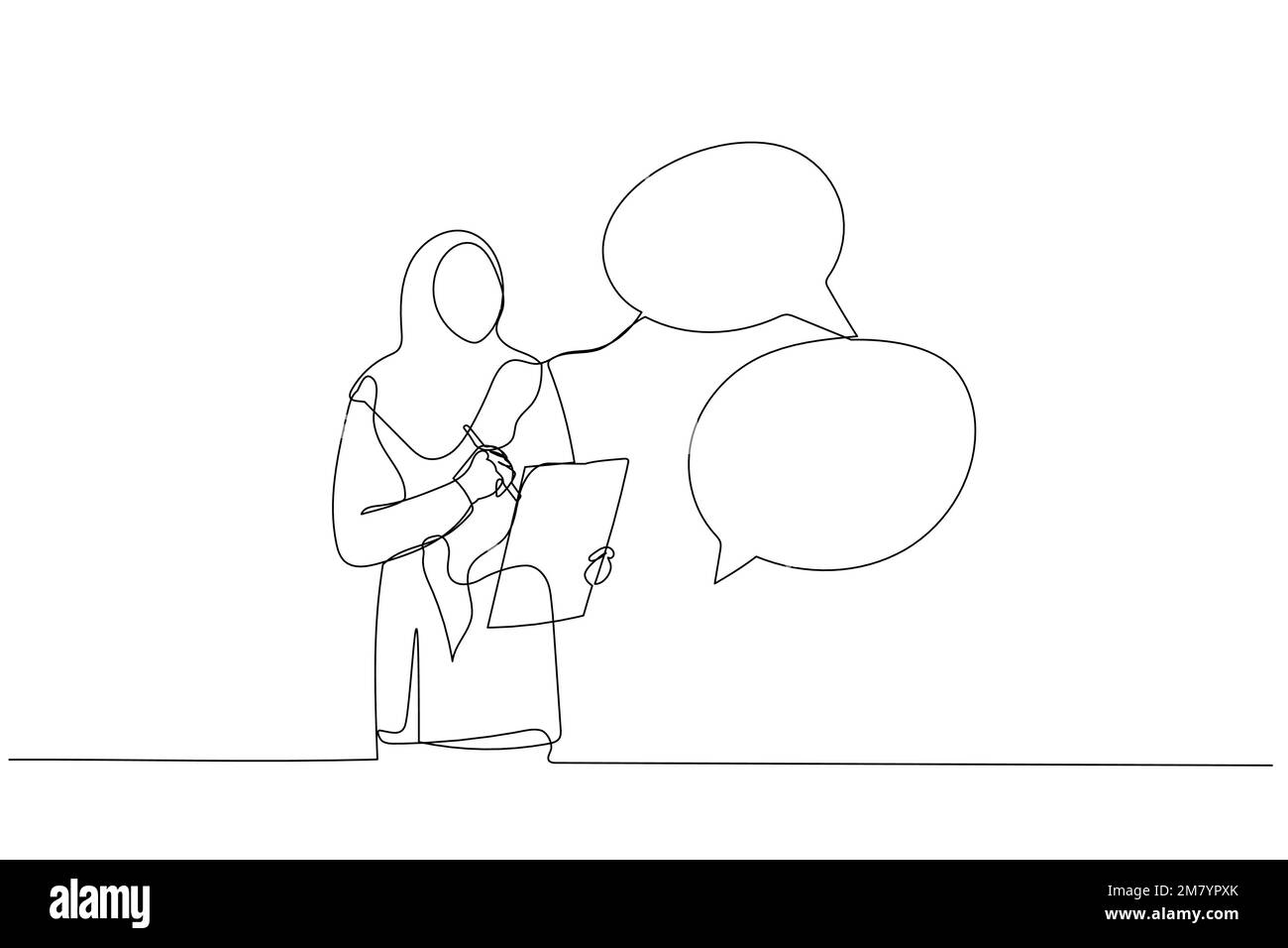 Cartoon einer muslimischen Frau, die während des Treffens Notiz nimmt, während sie anderen Informationen Konzept eines Sitzungsprotokolls anhört. Einzeiliges Kunstdesign Stock Vektor