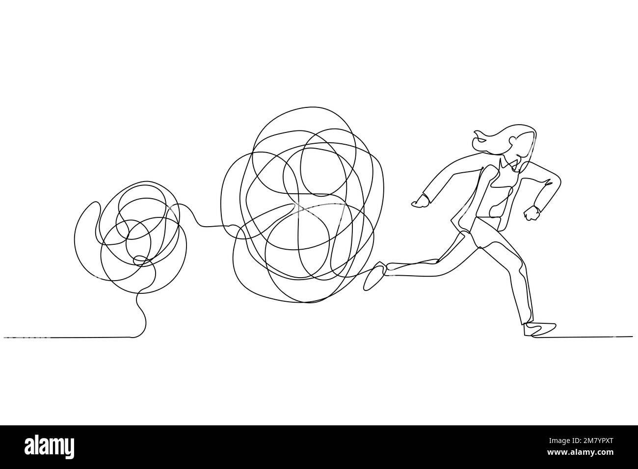 Cartoon einer Geschäftsfrau, die vor dem verwickelten Linienkugel davonläuft, Konzept des Vermeidungsproblems. Einzeiliges Kunstdesign Stock Vektor