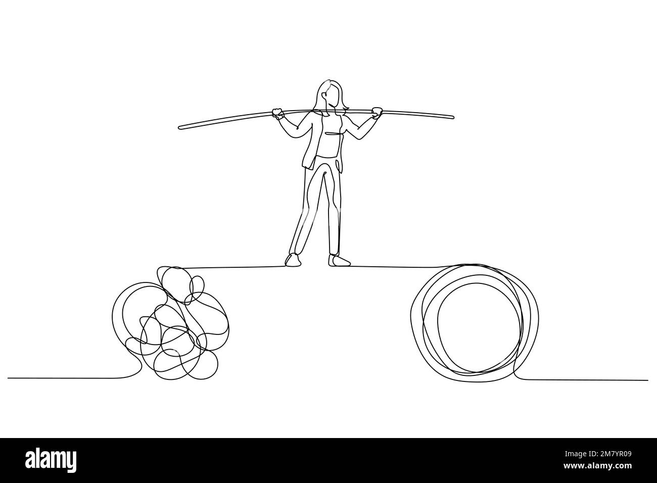 Zeichnung einer Geschäftsfrau läuft auf einem engen Seil und balanciert zwischen Problemen. Einzeiliges Design im Art-Stil Stock Vektor
